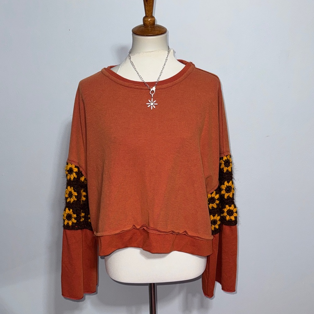 POL Rust Sweatshirt with Yellow Floral Crochet Sleeve Panels